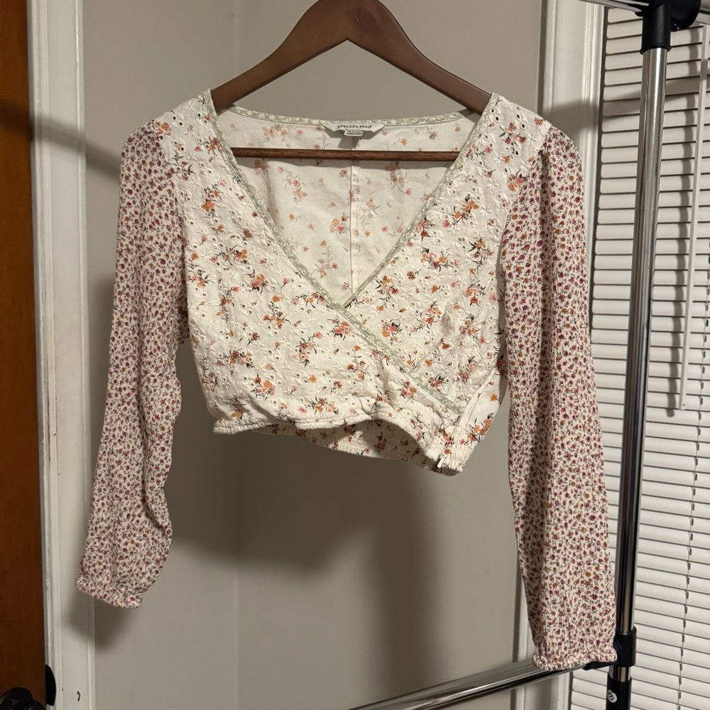 American Eagle Outfitters Floral Wrap Blouse - Cream and Pink